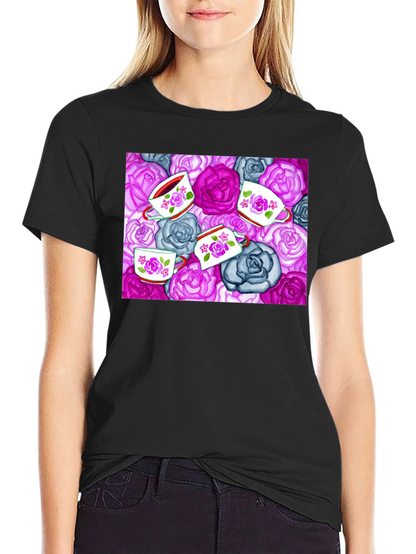 Floral Tea Cup Patterned Black T-shirt