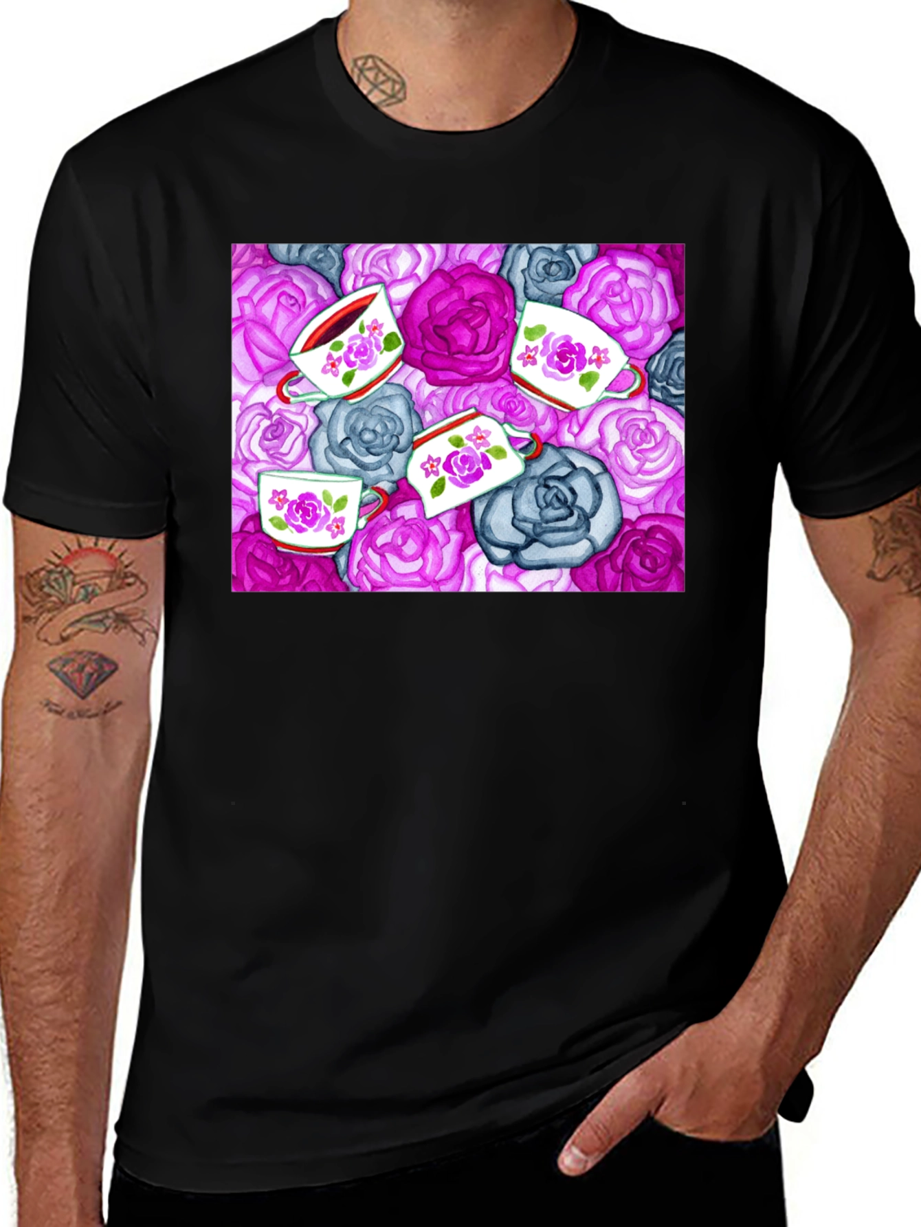 Floral Tea Cup Patterned Black T-shirt