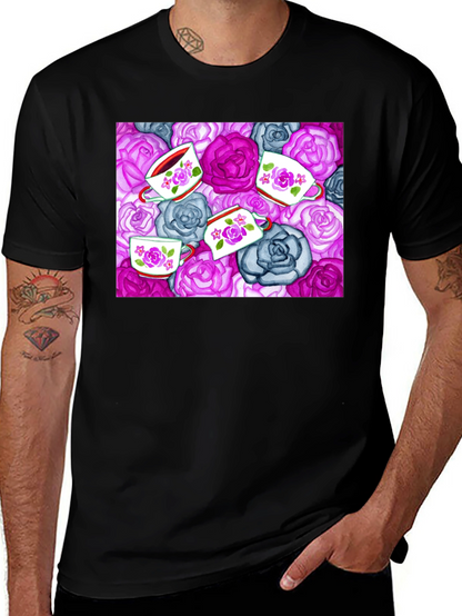 Floral Tea Cup Patterned Black T-shirt