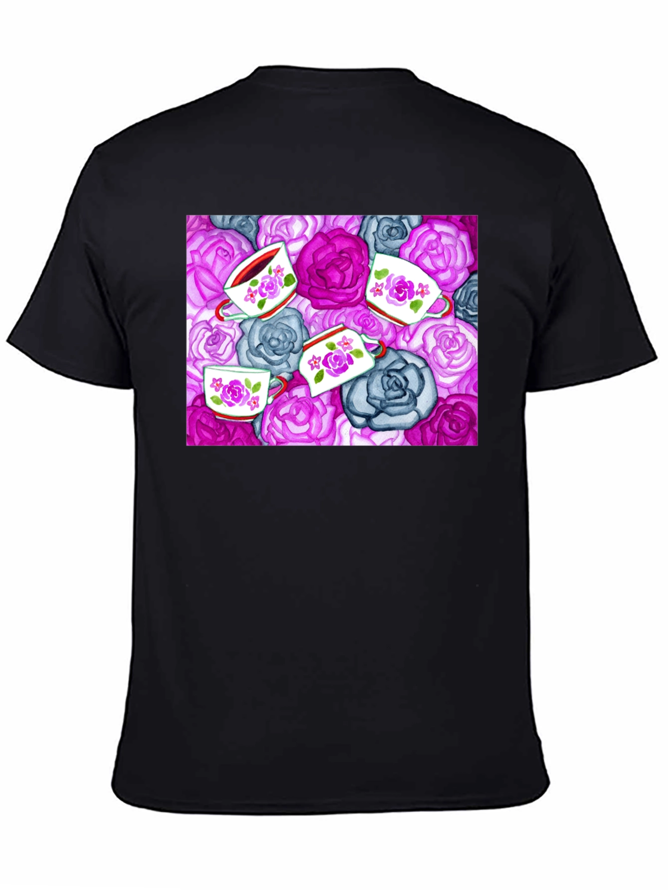 Floral Tea Cup Patterned Black T-shirt