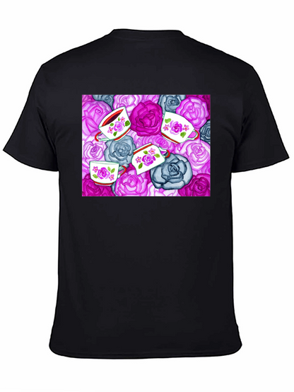 Floral Tea Cup Patterned Black T-shirt