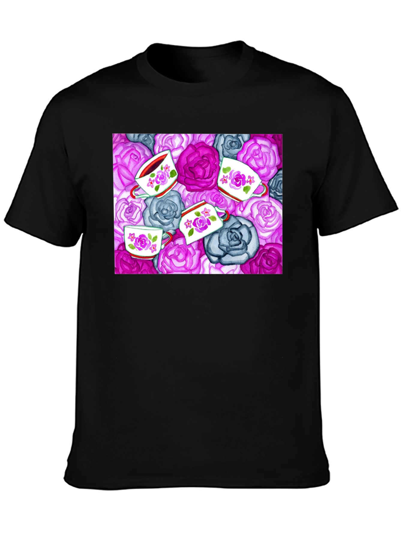 Floral Tea Cup Patterned Black T-shirt