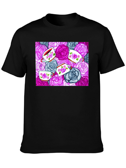 Floral Tea Cup Patterned Black T-shirt
