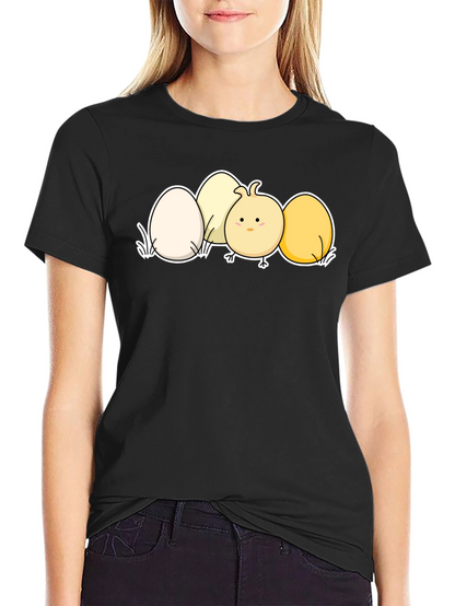 Cute Chick & Eggs Graphic Black T-Shirt