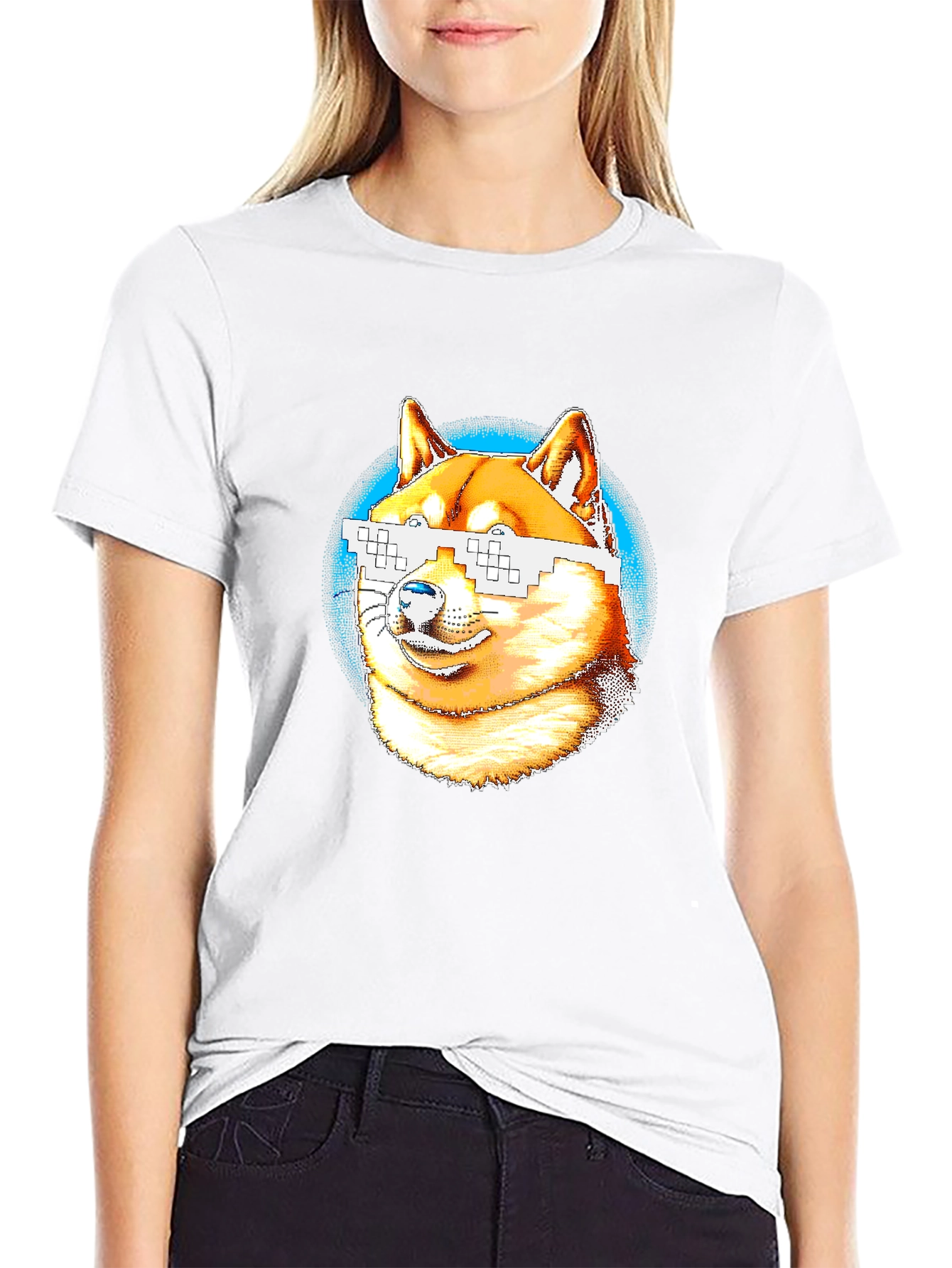 Doge Pixel Glasses Graphic T-Shirt - Black