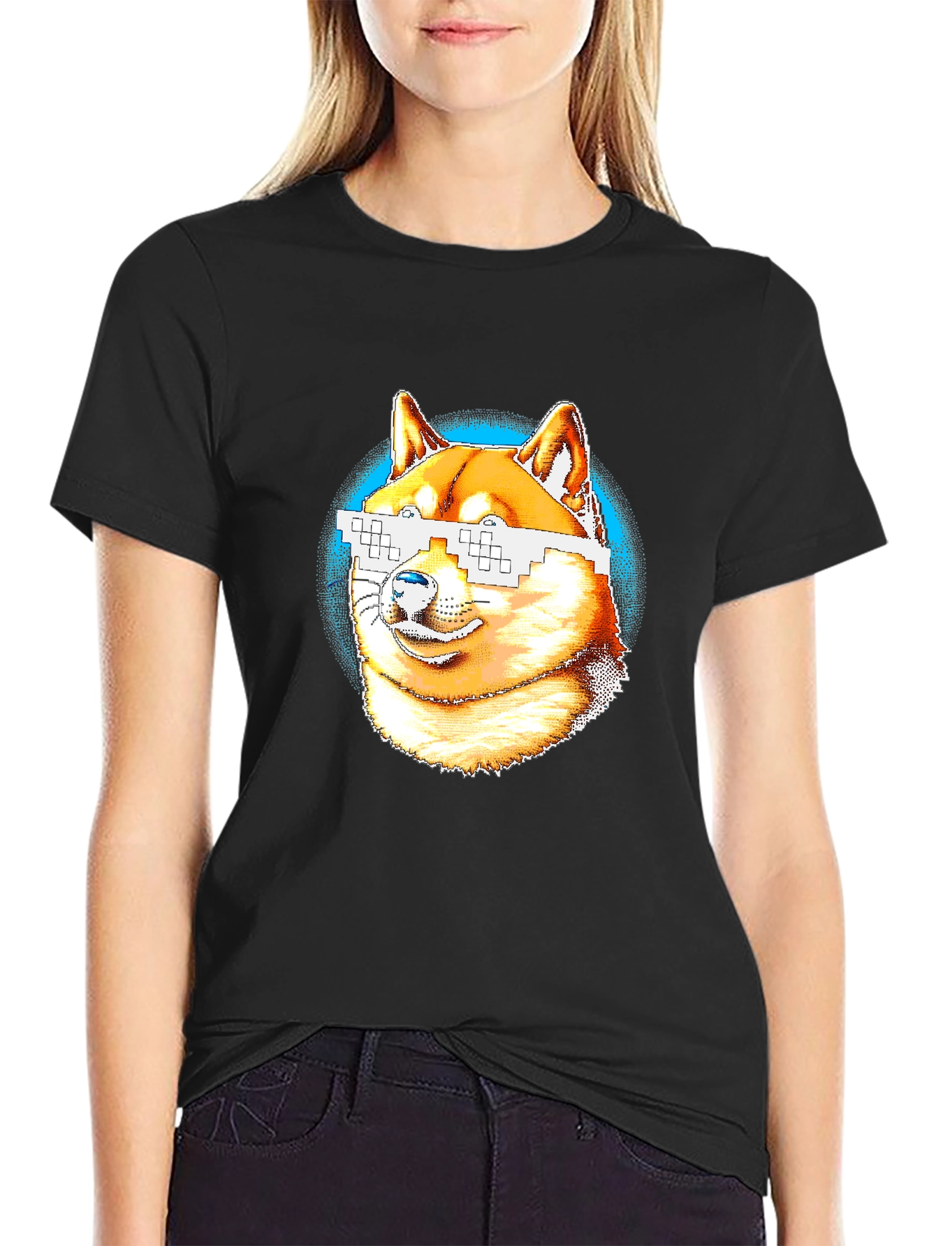Doge Pixel Glasses Graphic T-Shirt - Black