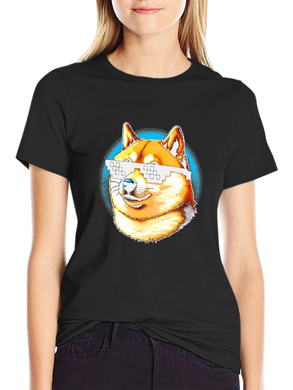 Doge Pixel Glasses Graphic T-Shirt - Black