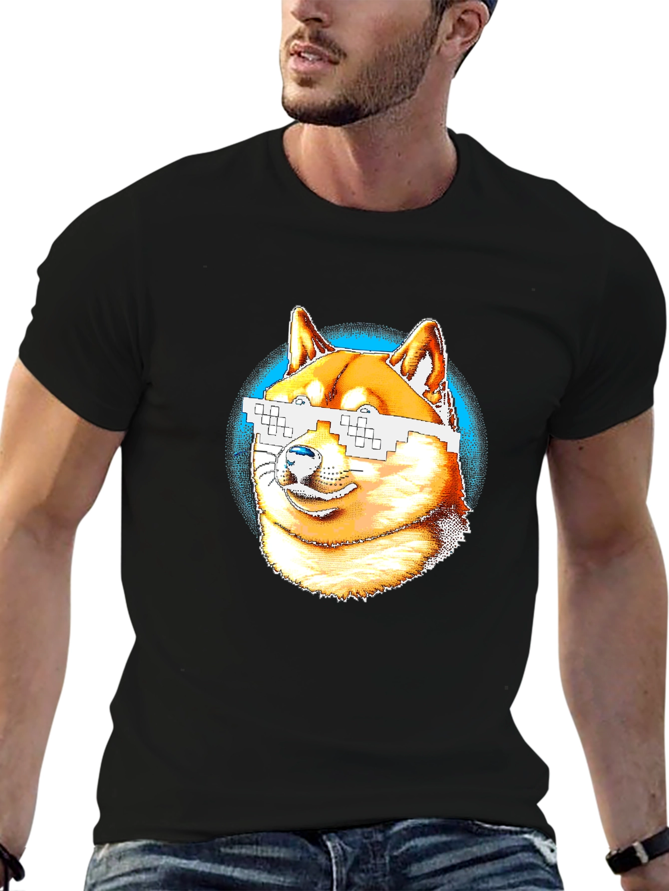 Doge Pixel Glasses Graphic T-Shirt - Black