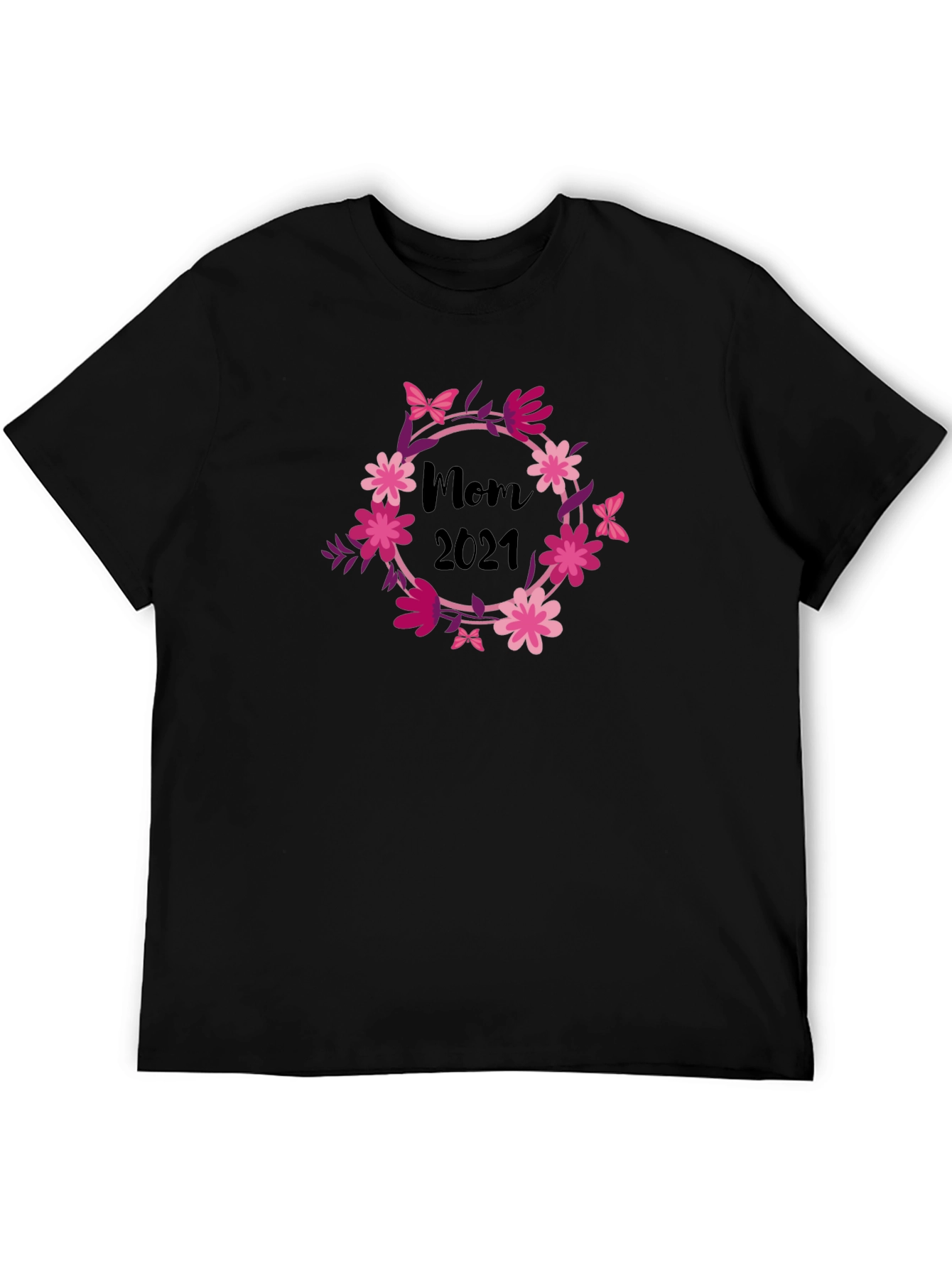 Mom 2021 Floral Wreath Black T-Shirt