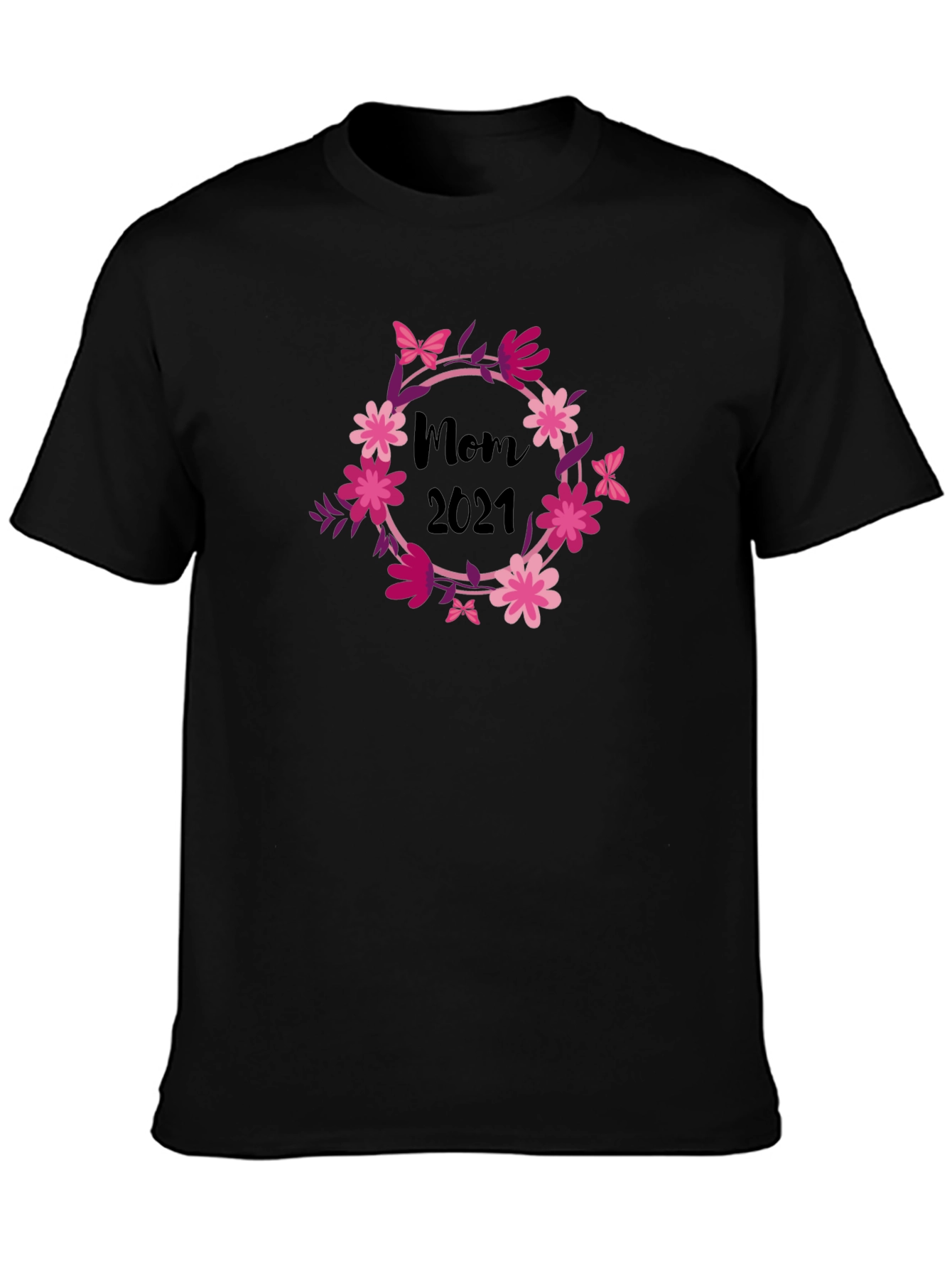 Mom 2021 Floral Wreath Black T-Shirt