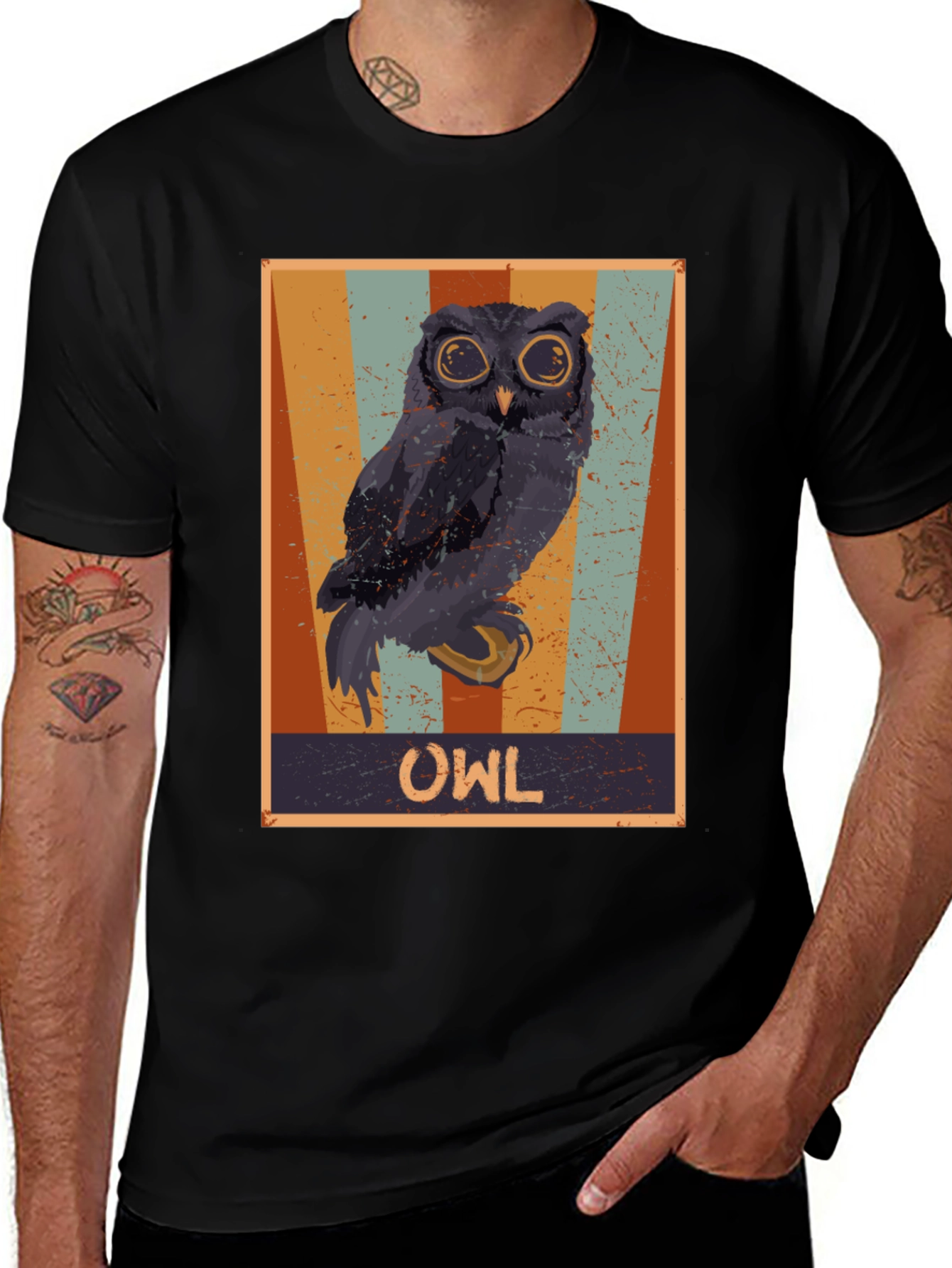 Retro Owl Graphic Print Black T-Shirt