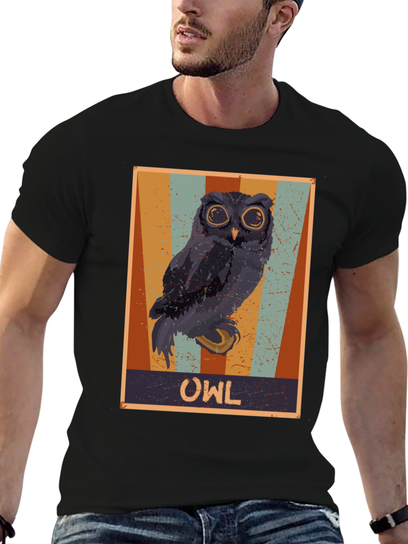 Retro Owl Graphic Print Black T-Shirt