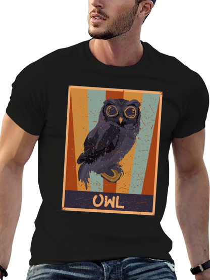 Retro Owl Graphic Print Black T-Shirt
