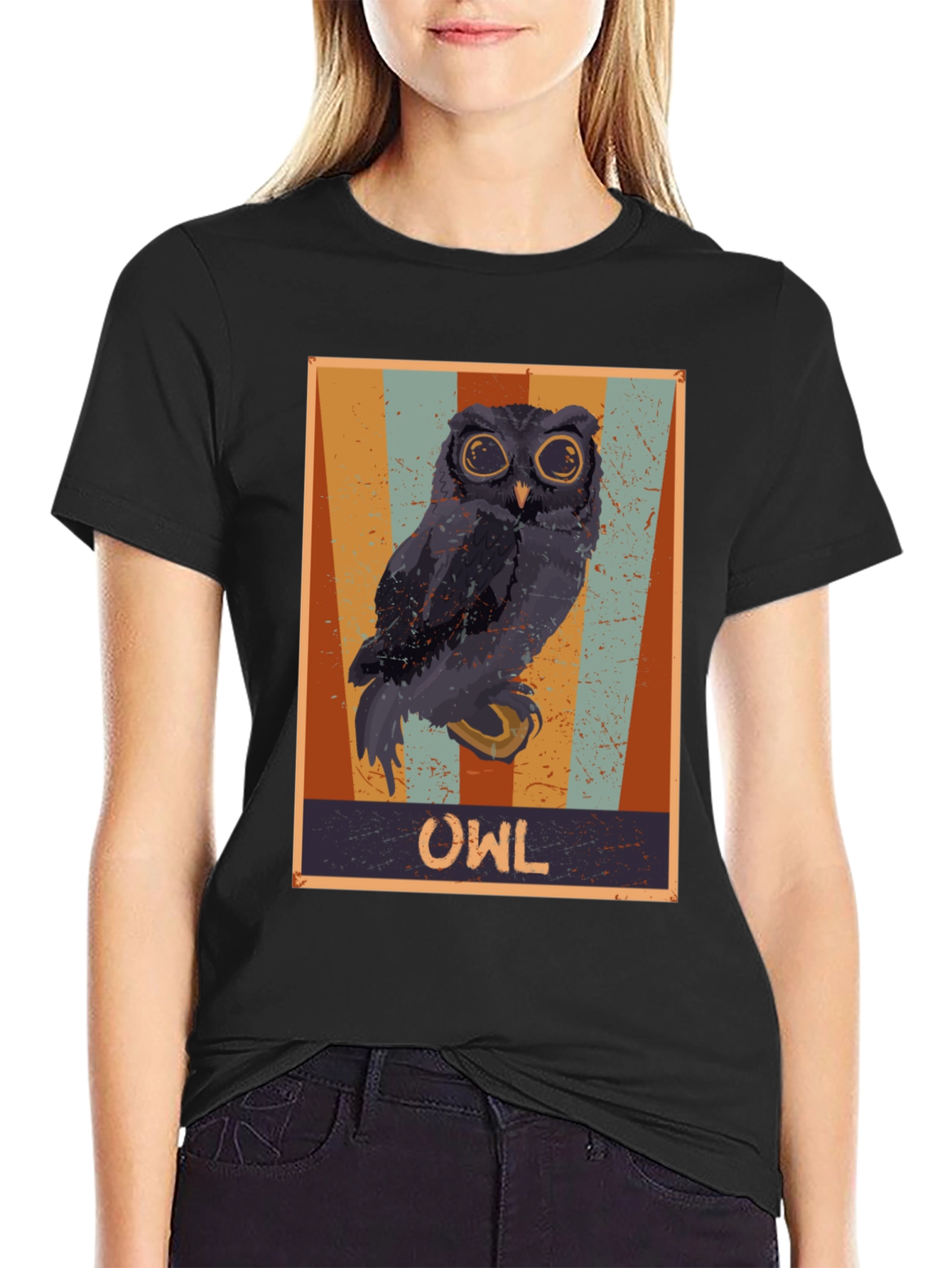 Retro Owl Graphic Print Black T-Shirt