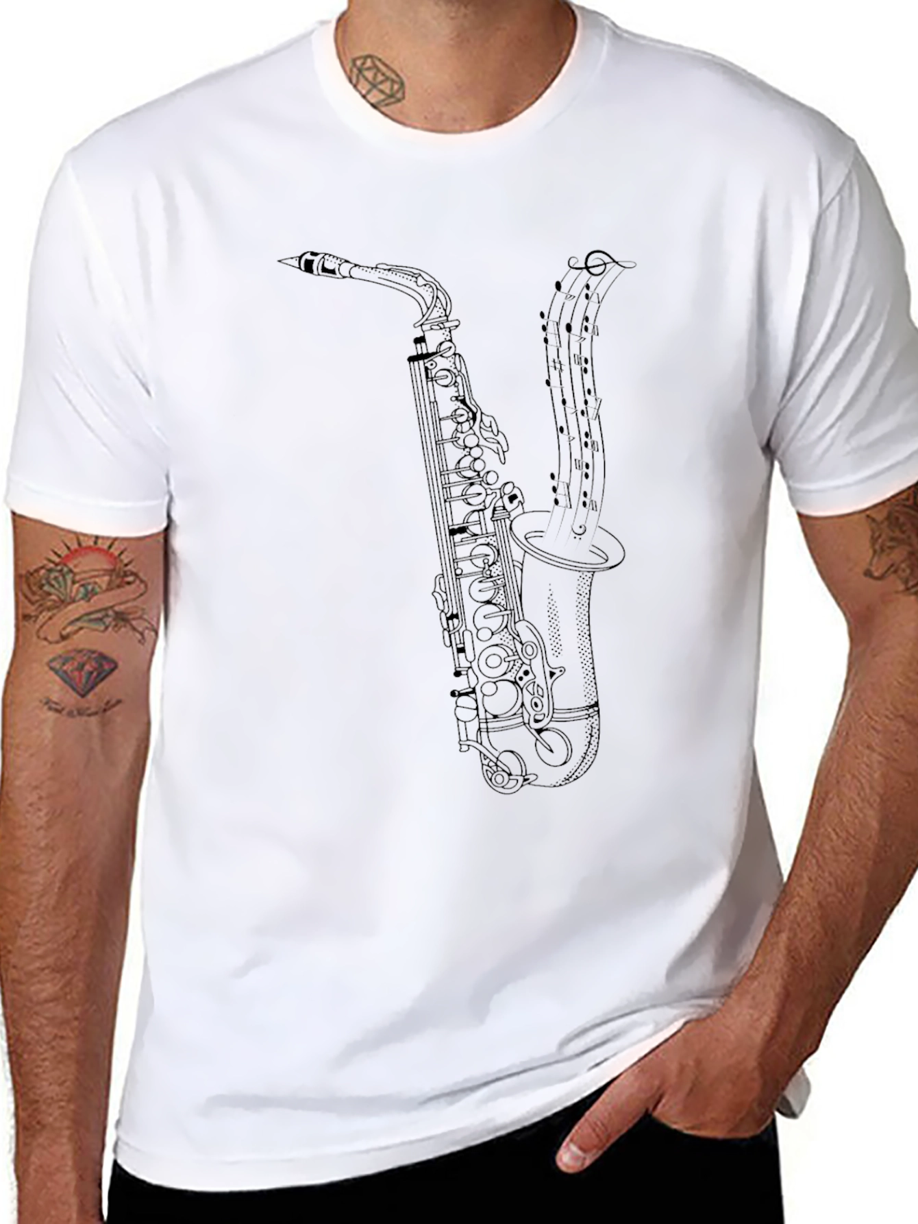 Saxophone Music Notes Graphic T-Shirt - Black