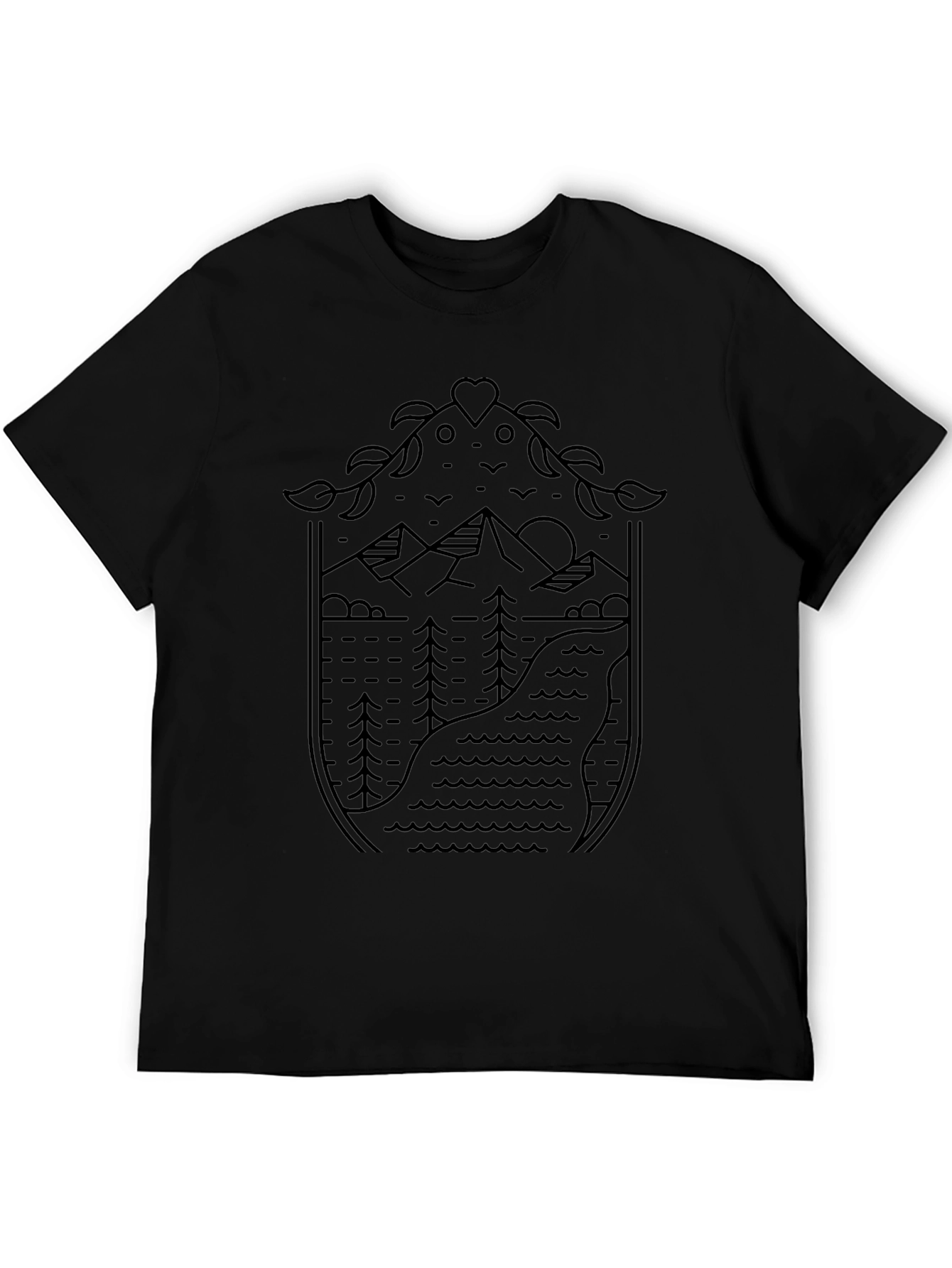 Nature Line Art Graphic Tee - Black