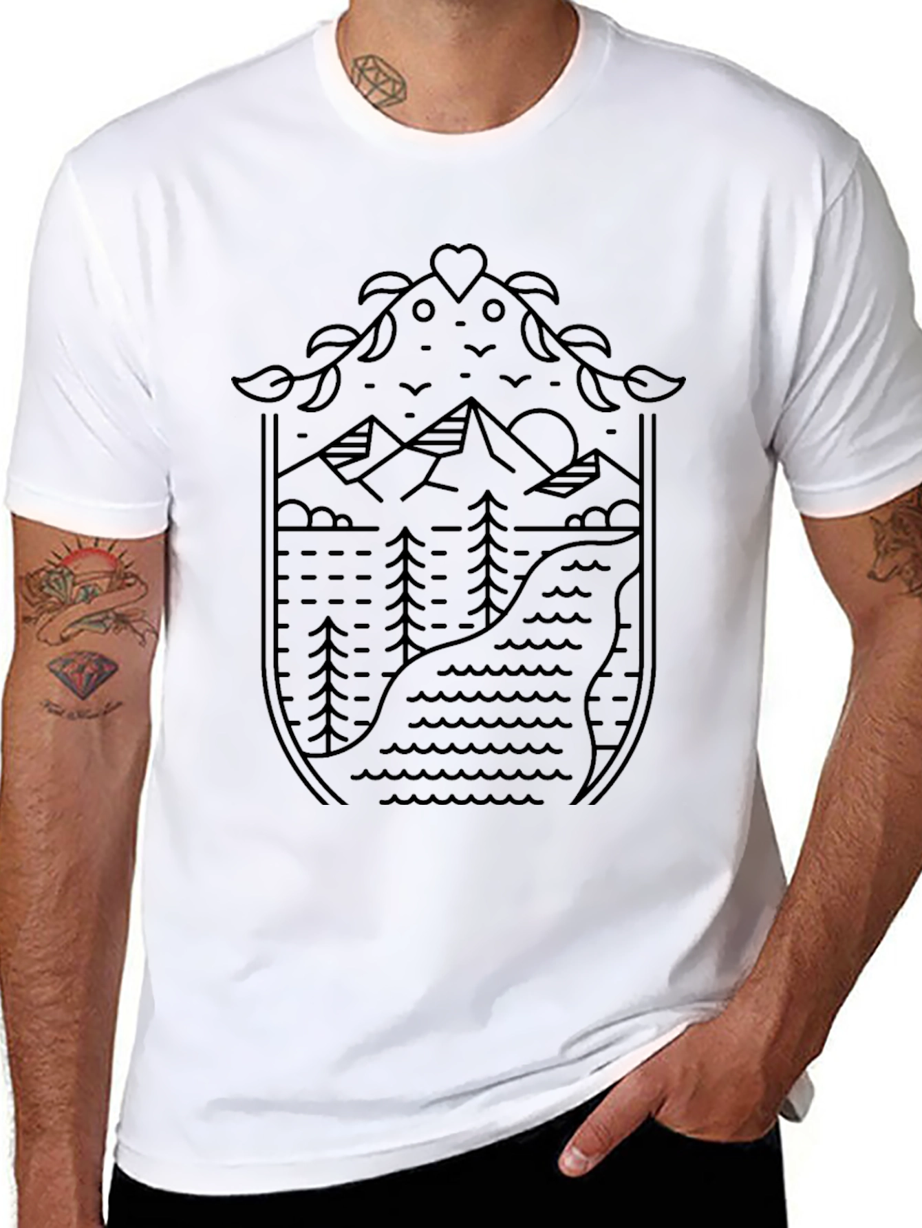 Nature Line Art Graphic Tee - Black
