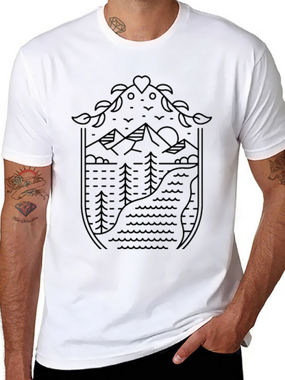 Nature Line Art Graphic Tee - Black