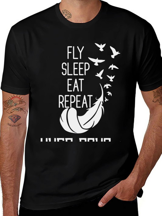Fly Sleep Eat Repeat T-Shirt - Feather Design Black Tee