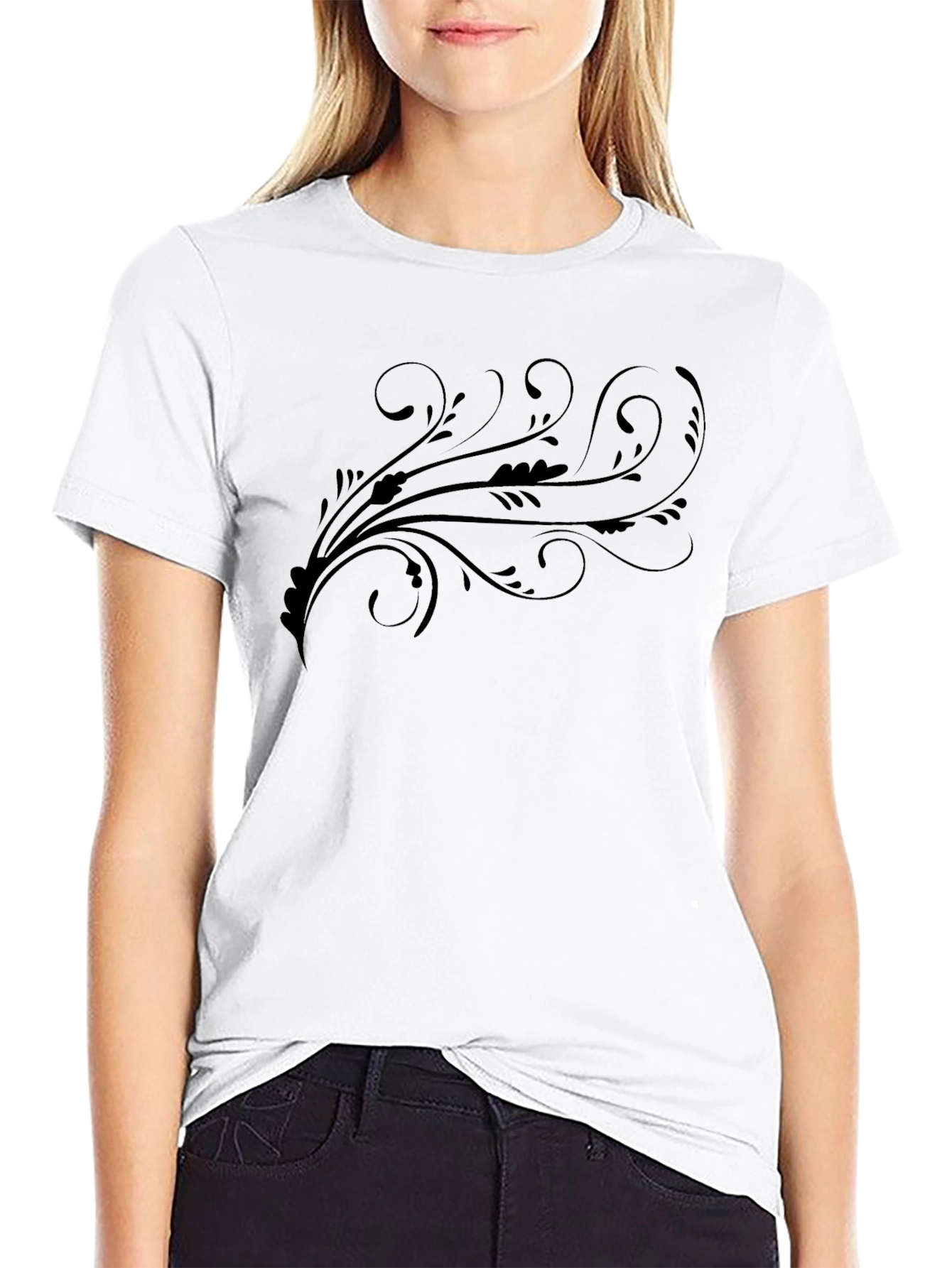 Black Tee with Artistic Floral Swirl Design