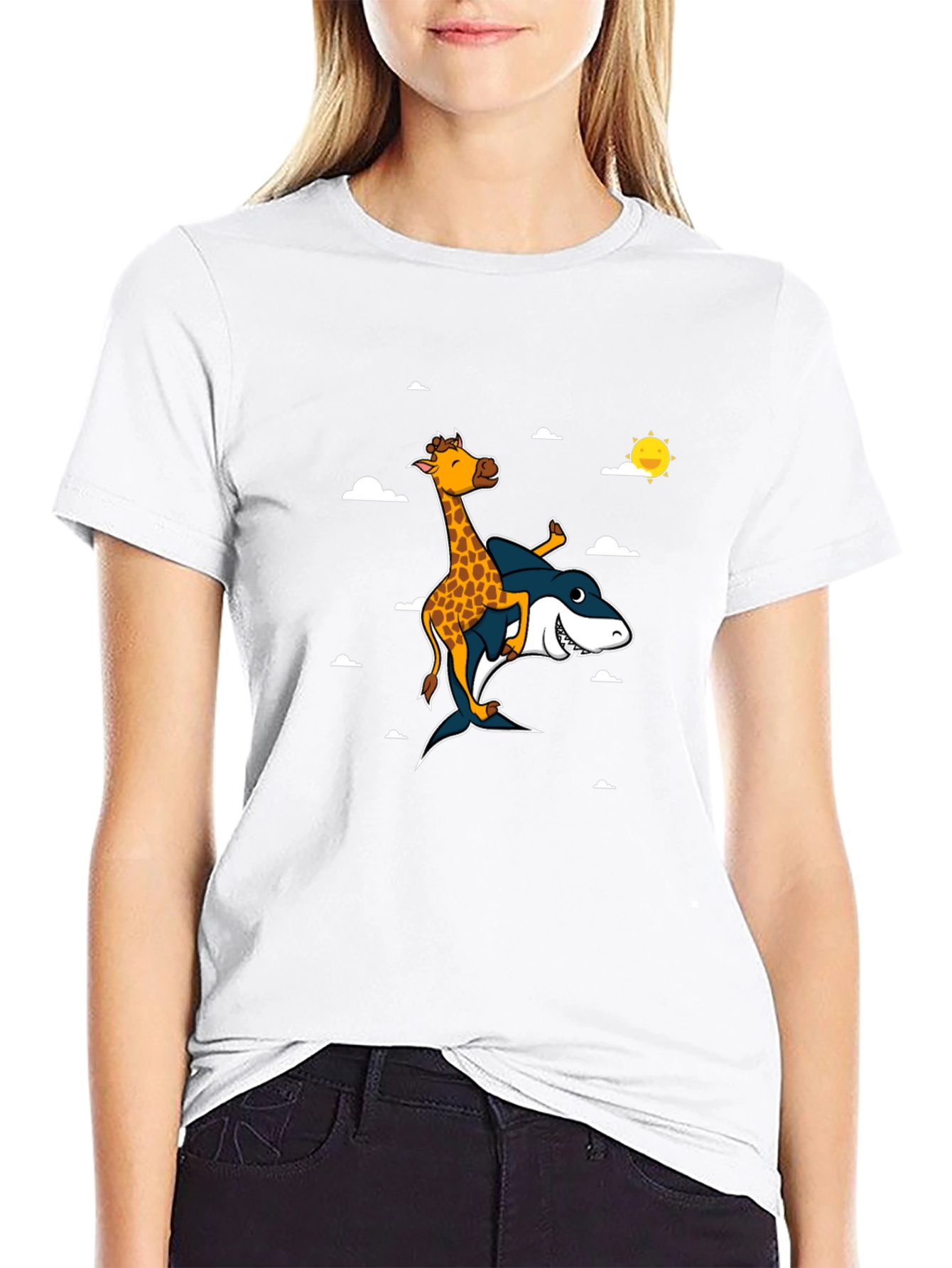 Giraffe Riding Shark T-Shirt: Funny Graphic Tee