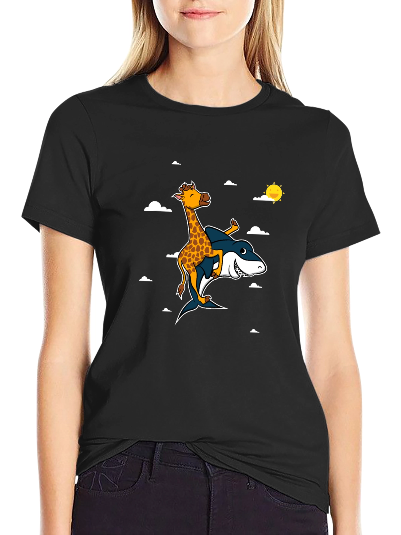 Giraffe Riding Shark T-Shirt: Funny Graphic Tee