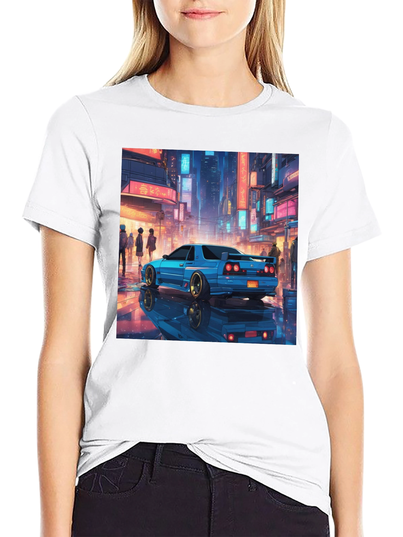 Blue Car Tokyo Nightscape Graphic Tee - Modern Style