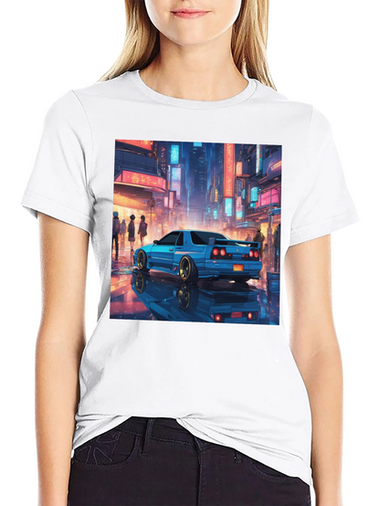 Blue Car Tokyo Nightscape Graphic Tee - Modern Style
