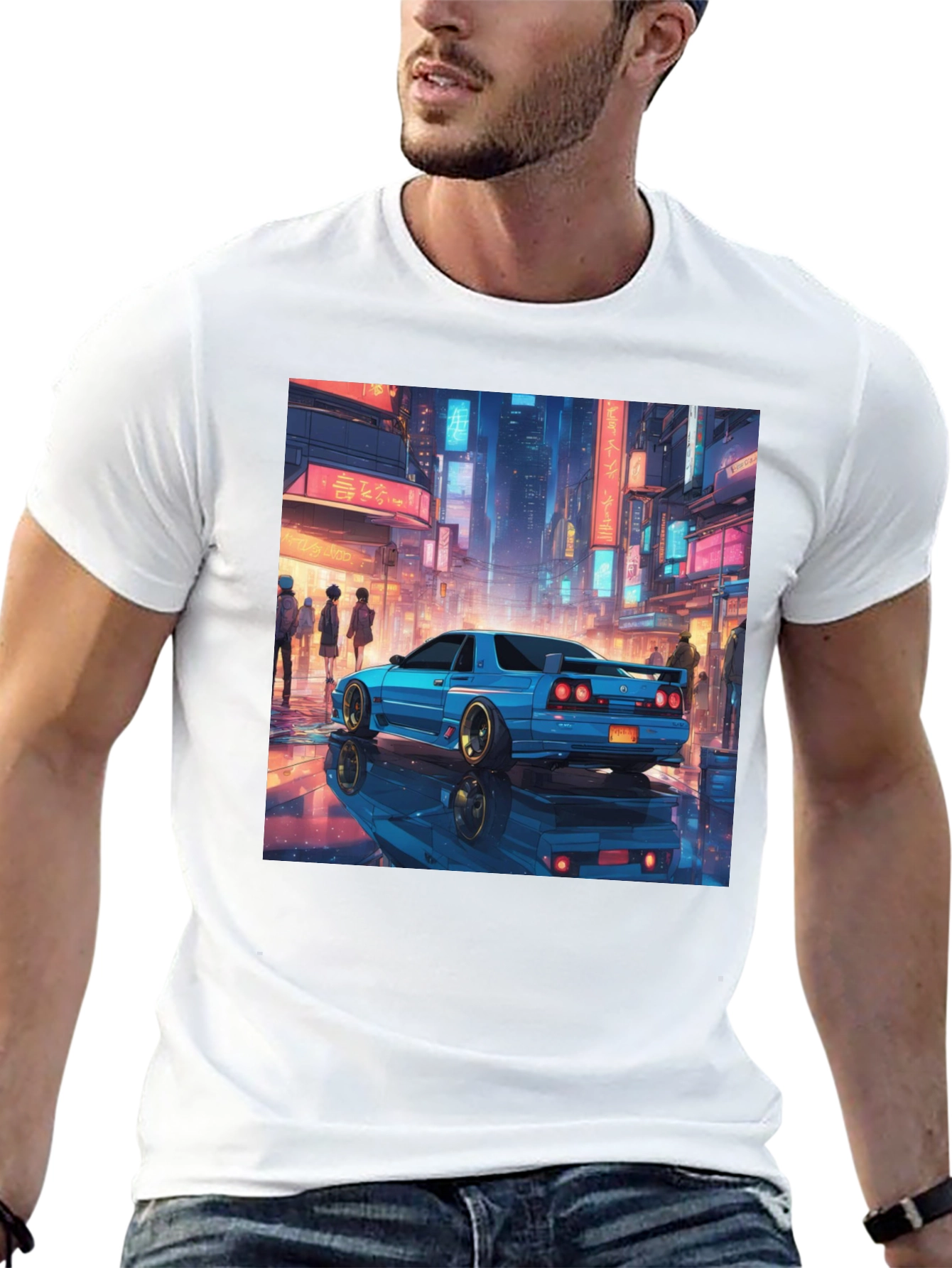 Blue Car Tokyo Nightscape Graphic Tee - Modern Style