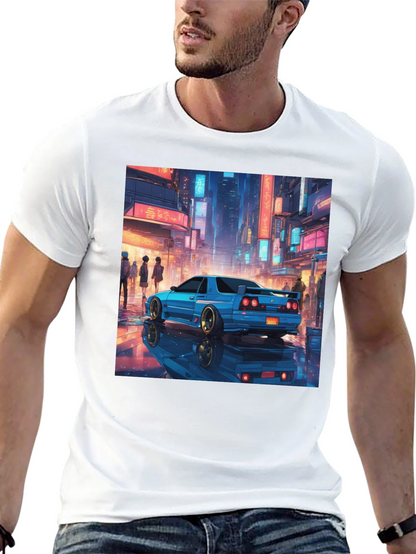 Blue Car Tokyo Nightscape Graphic Tee - Modern Style