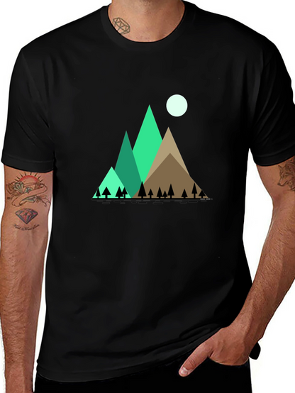 Mountain Scene Graphic Tee - Black Cotton Shirt