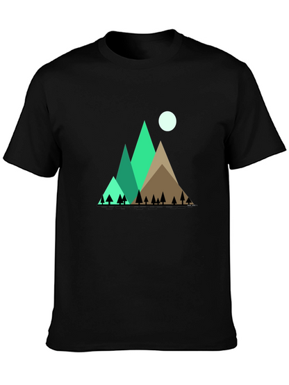 Mountain Scene Graphic Tee - Black Cotton Shirt