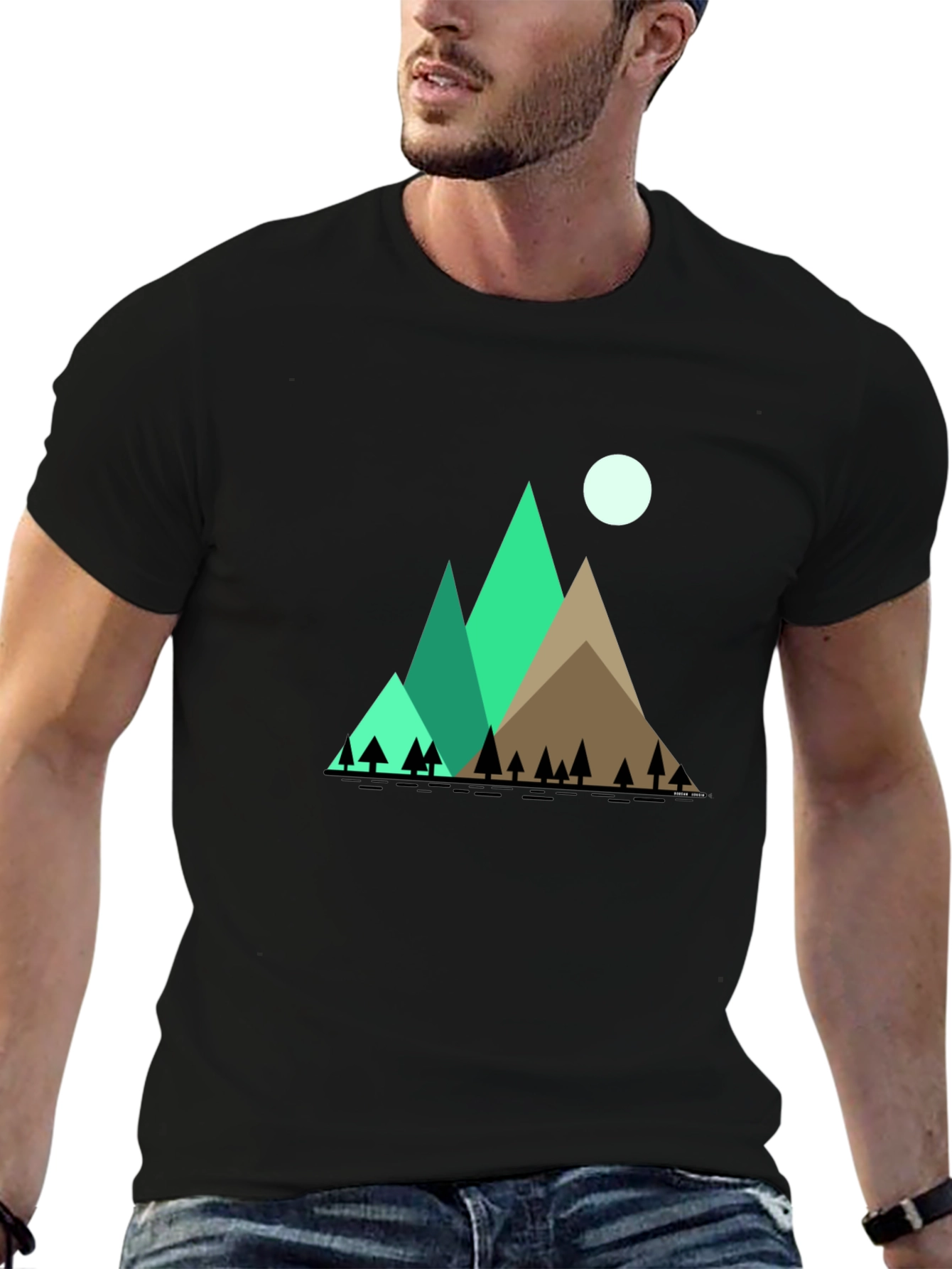 Mountain Scene Graphic Tee - Black Cotton Shirt