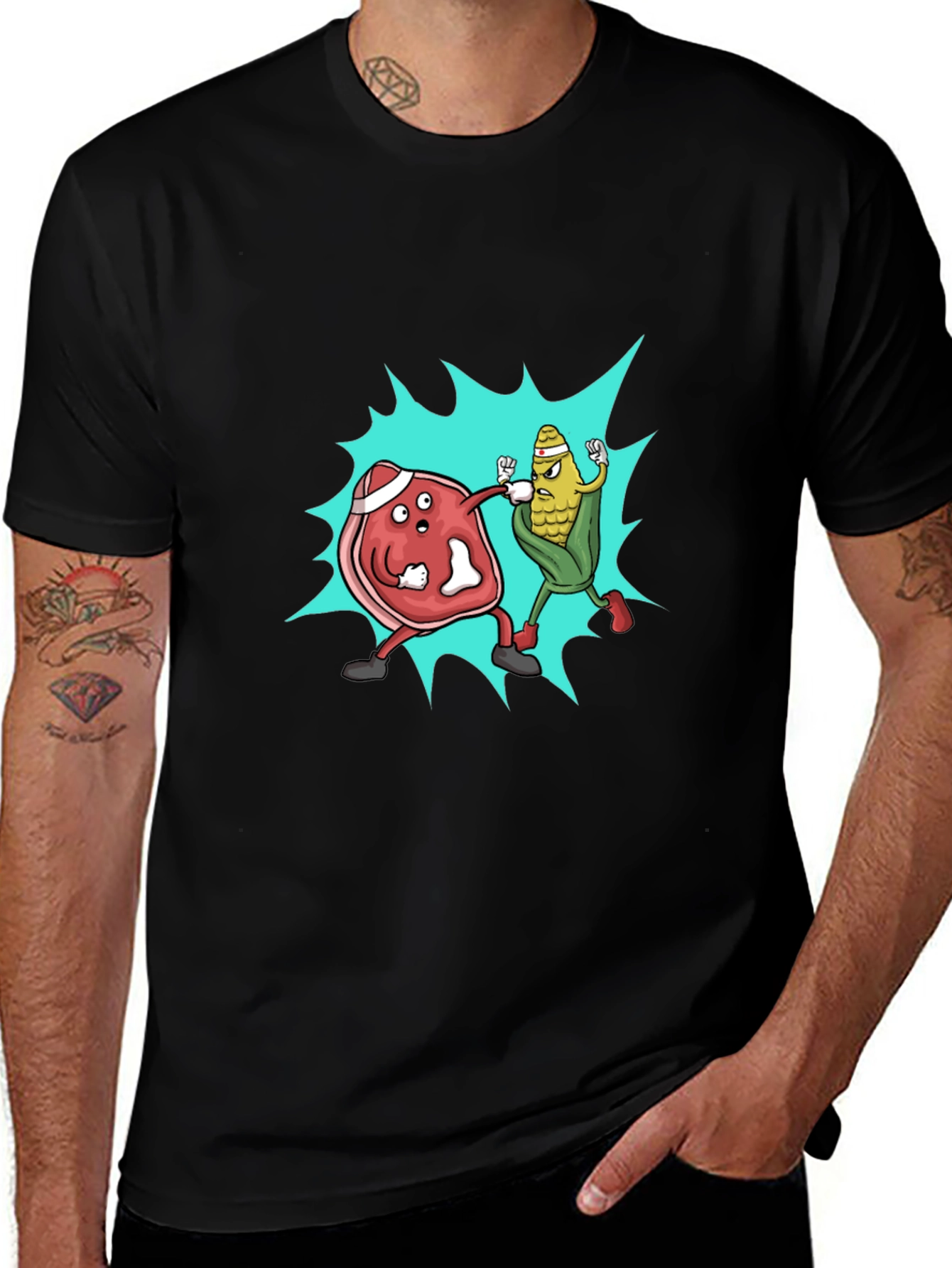 Meat vs. Corn Cartoon Black T-Shirt