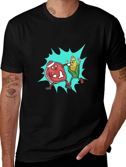 Meat vs. Corn Cartoon Black T-Shirt