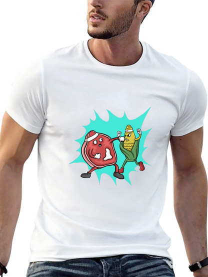 Meat vs. Corn Cartoon Black T-Shirt