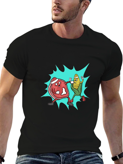 Meat vs. Corn Cartoon Black T-Shirt