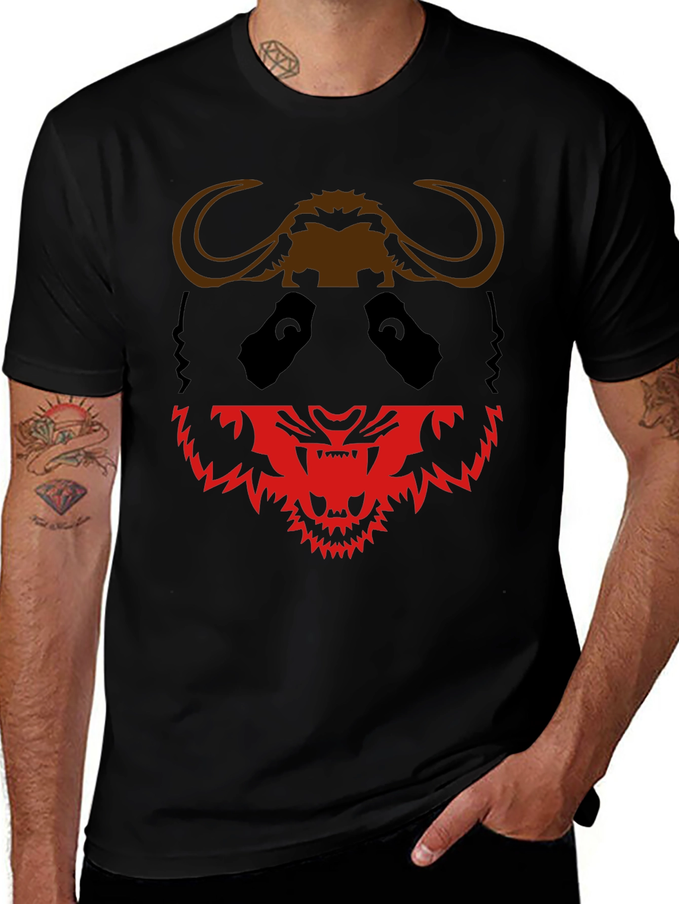 Black Graphic Tee: Panda Buffalo & Tiger Design