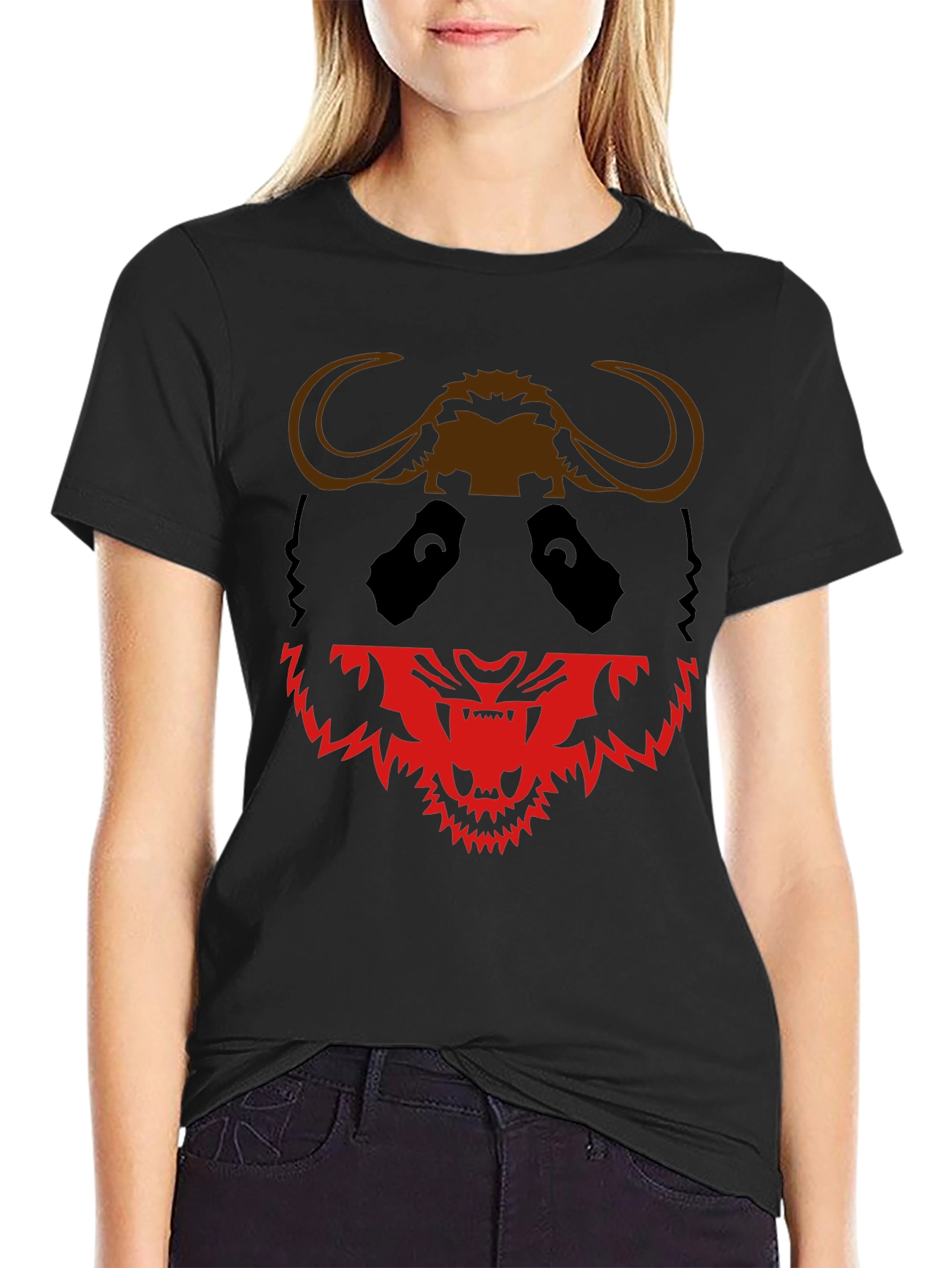 Black Graphic Tee: Panda Buffalo & Tiger Design