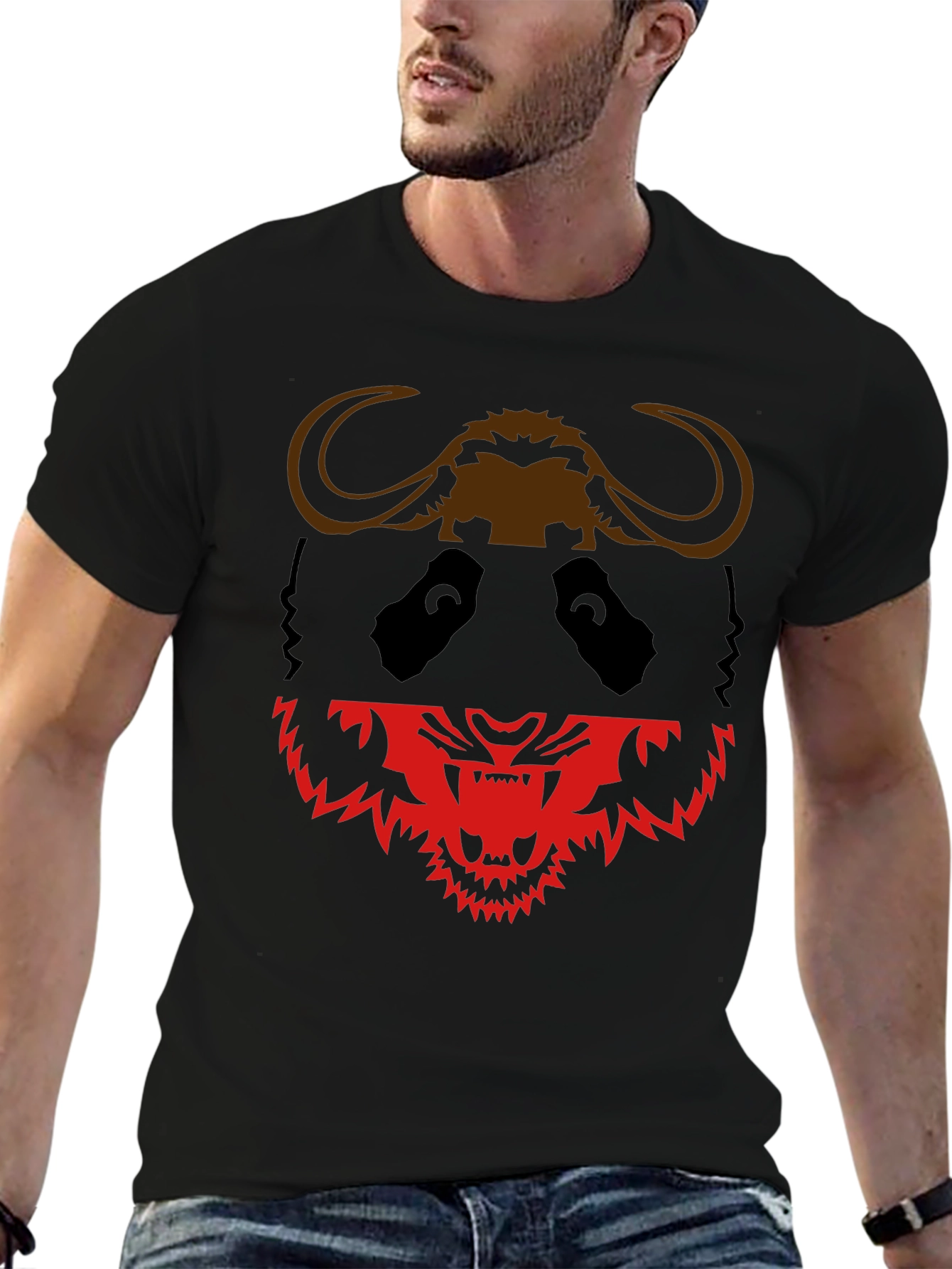 Black Graphic Tee: Panda Buffalo & Tiger Design