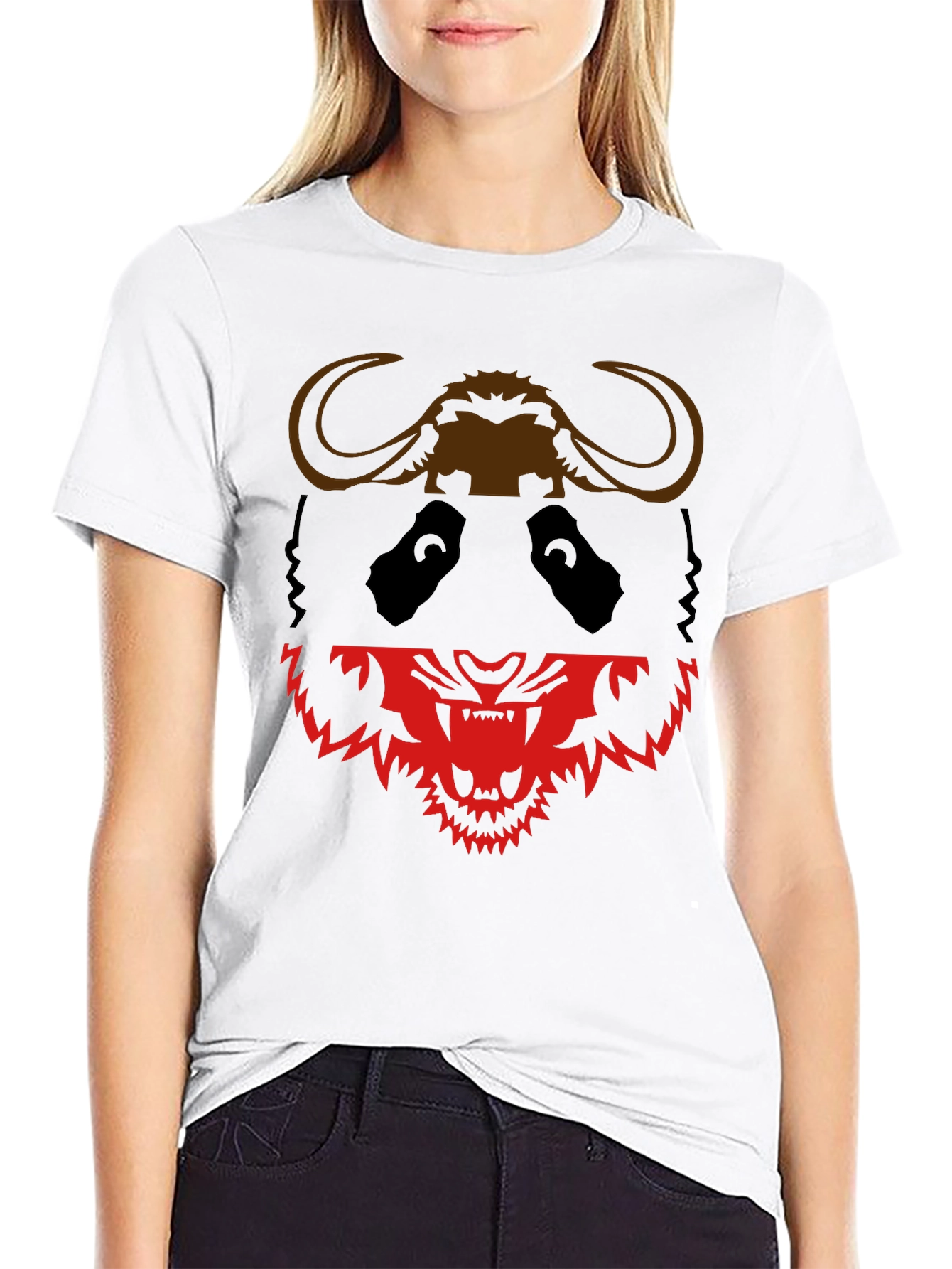 Black Graphic Tee: Panda Buffalo & Tiger Design