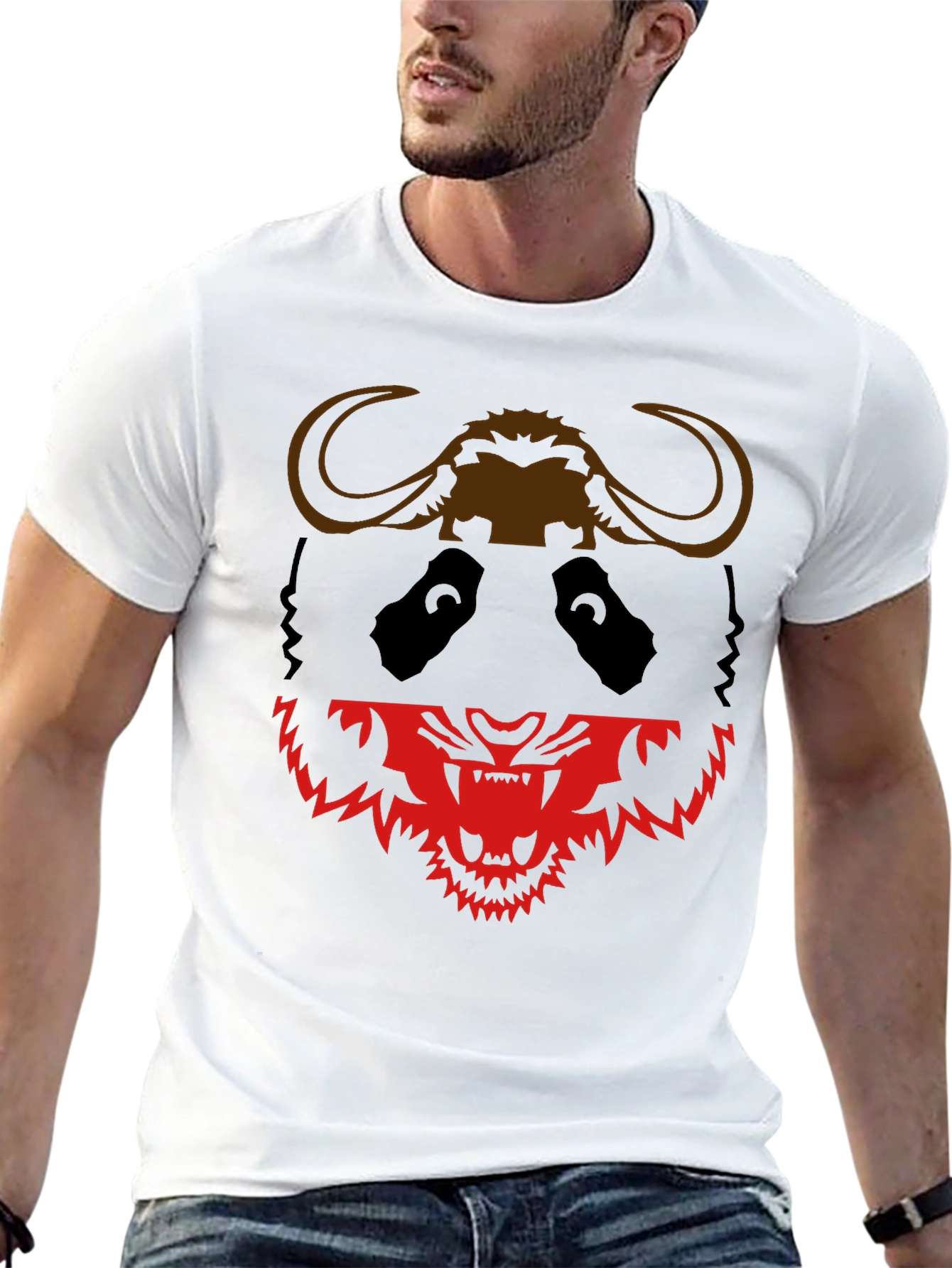 Black Graphic Tee: Panda Buffalo & Tiger Design