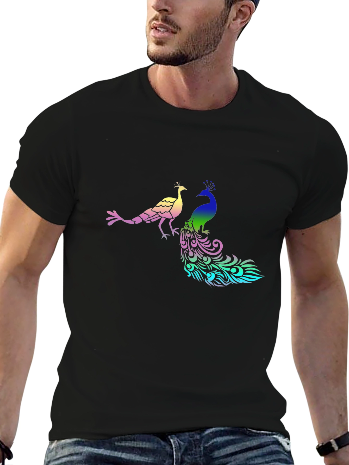 Peacock Graphic Print Black T-Shirt