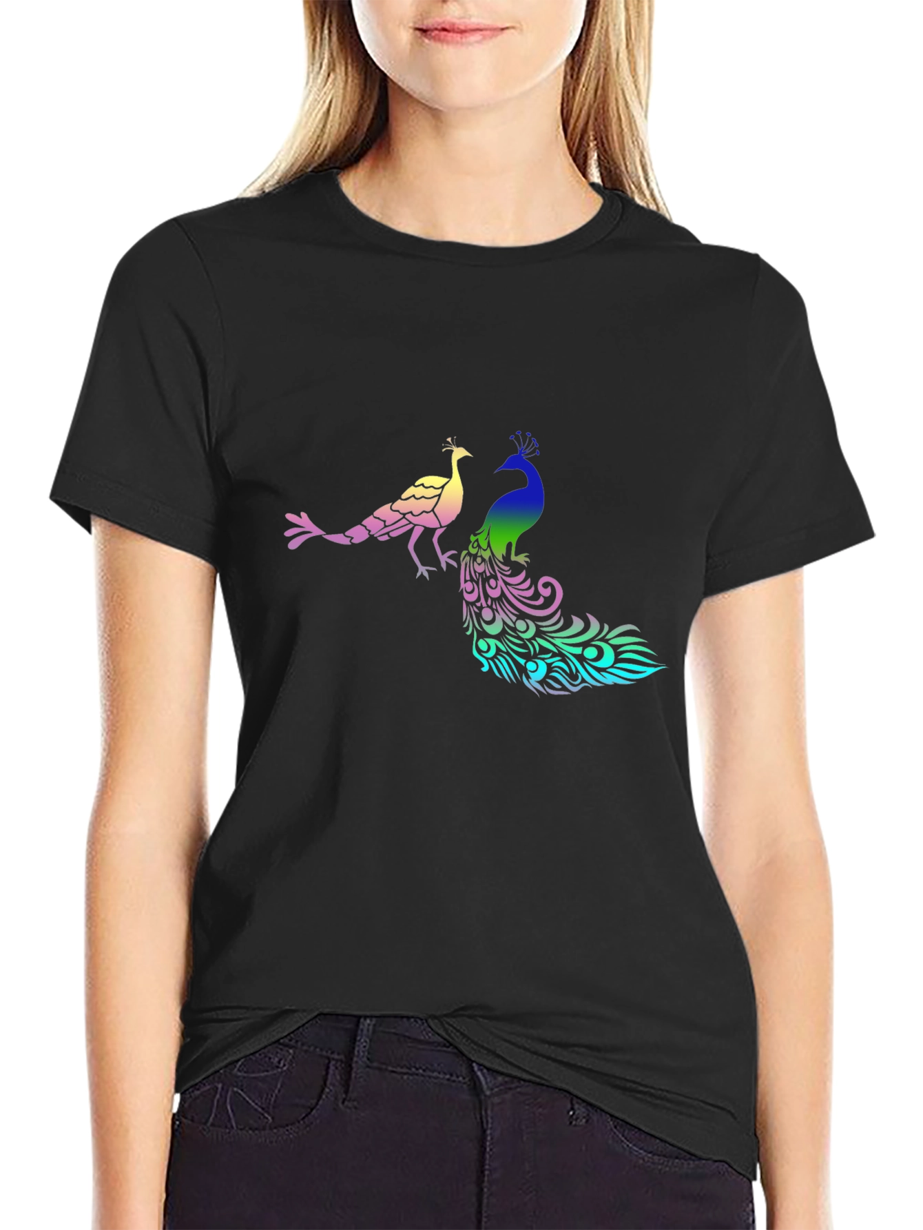 Peacock Graphic Print Black T-Shirt