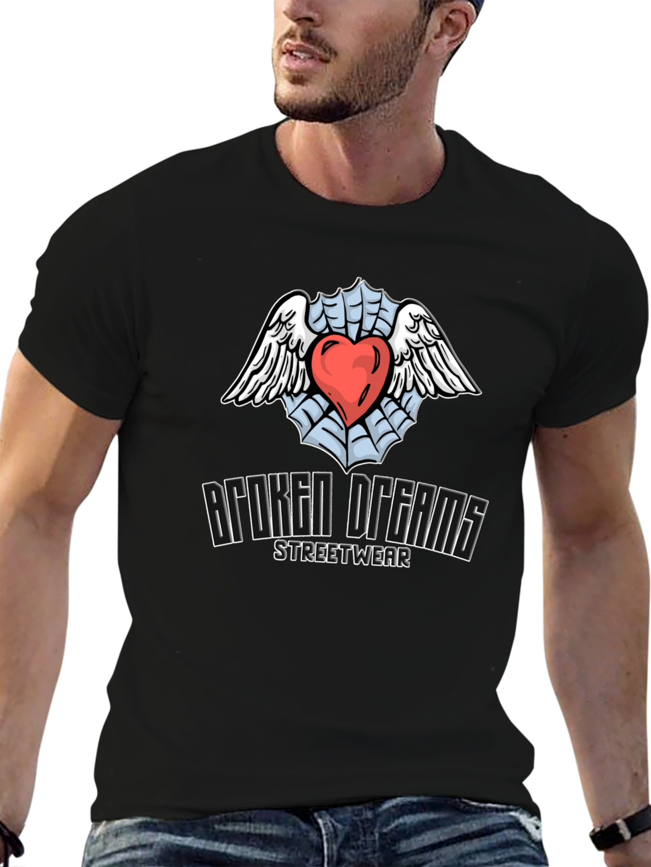 Broken Dreams Streetwear T-Shirt with Heart & Wings Graphic