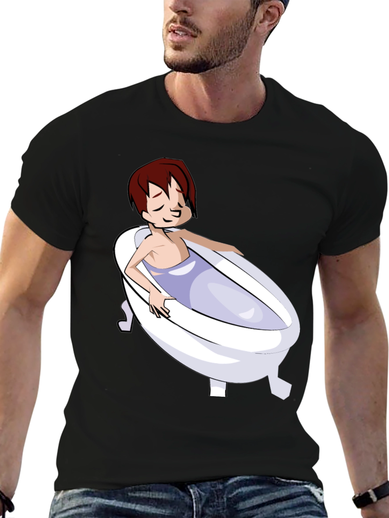 Cartoon Character in Bathtub Graphic Tee - Black