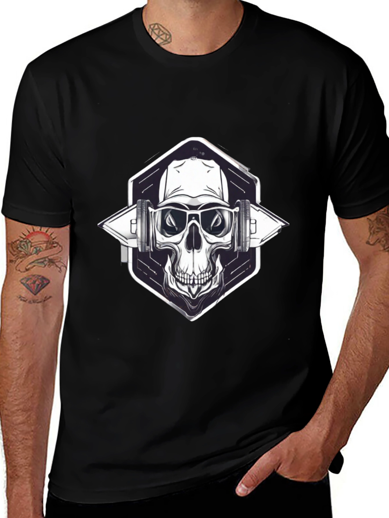 Skull with Headphones Graphic Black T-Shirt