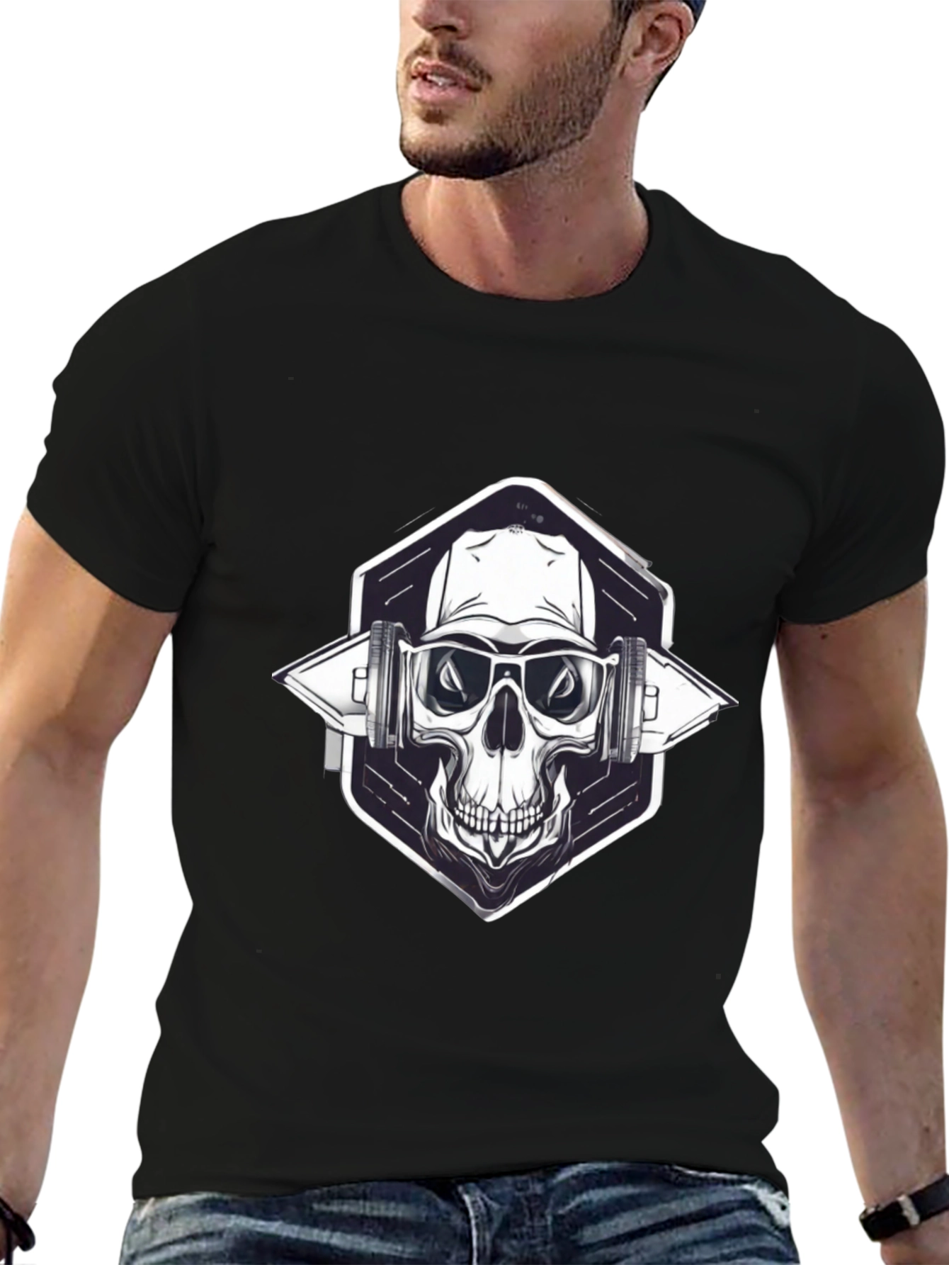 Skull with Headphones Graphic Black T-Shirt