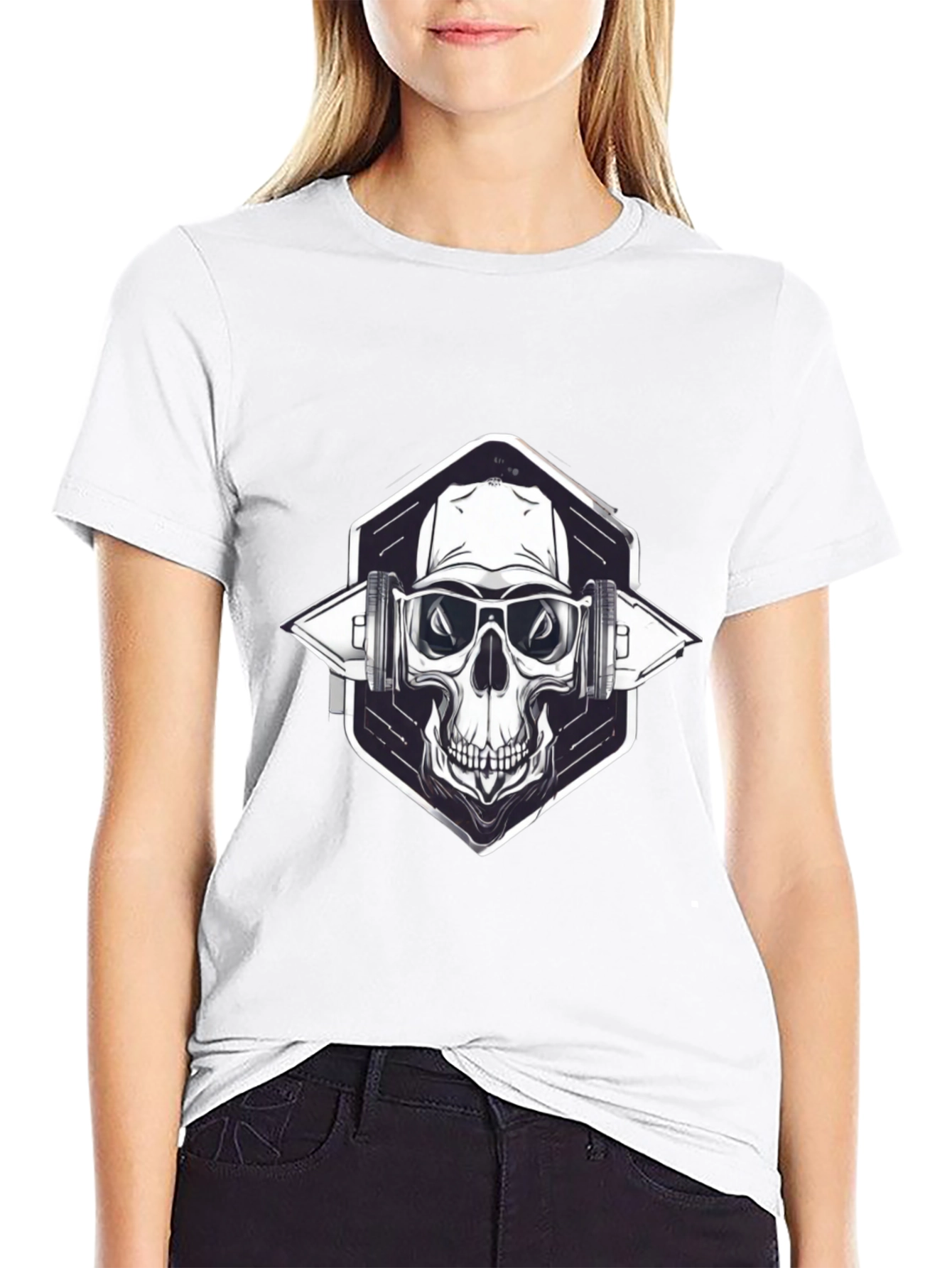 Skull with Headphones Graphic Black T-Shirt