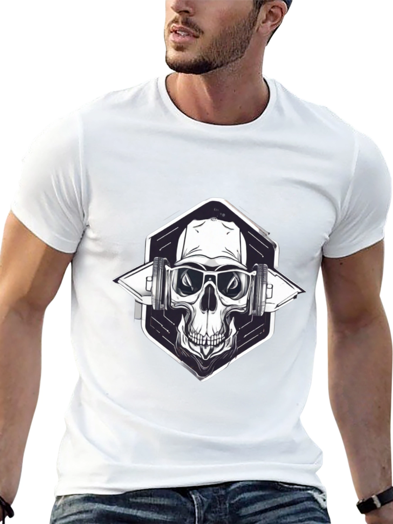 Skull with Headphones Graphic Black T-Shirt